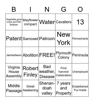 American Colonization  Bingo Card