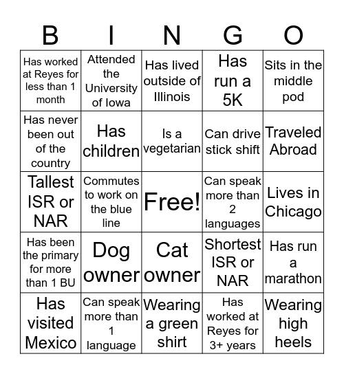 Get to Know Your Teammates Bingo Card
