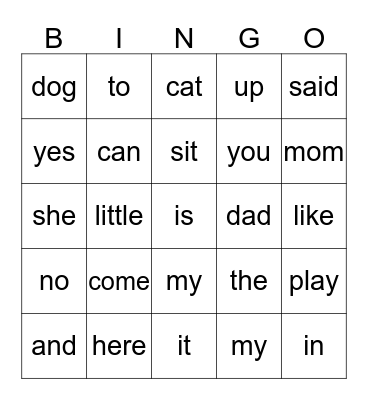 Kindergarten Sight Words  Bingo Card