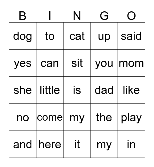 Kindergarten Sight Words  Bingo Card