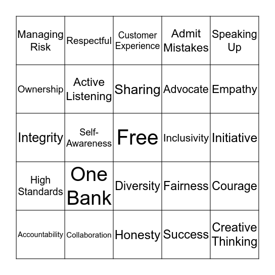 CORE VALUES BINGO Card