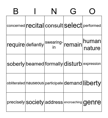 The Lottery Vocab #1 Bingo Card