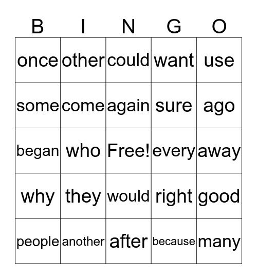Sight Word Bingo Card