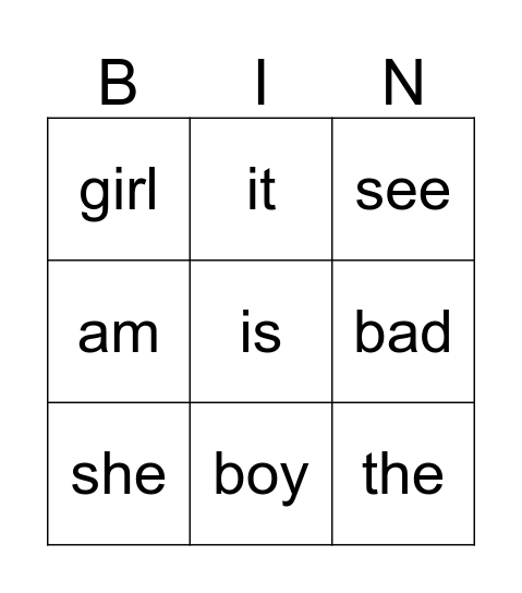 SIGHT WORDS Bingo Card