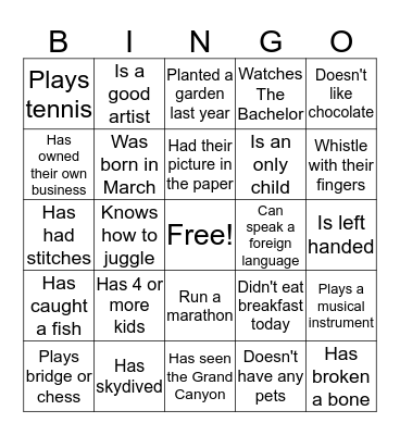 Icebreaker Bingo Card