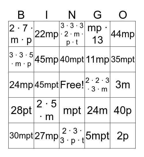 Expanded and Standard form Bingo Card