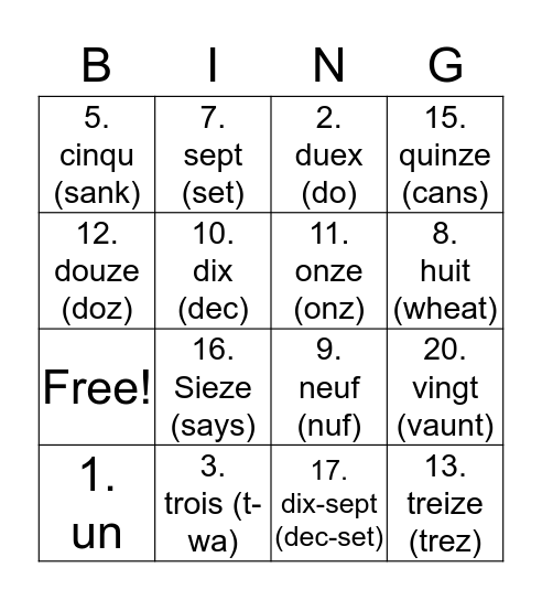 Bingo en Français Bingo Card