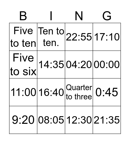 Clock Bingo Card