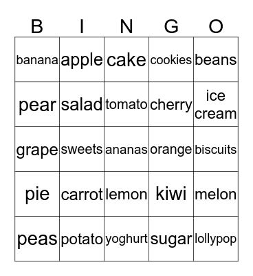 Bingo Fruit and  Vegetables and Deserts Bingo Card