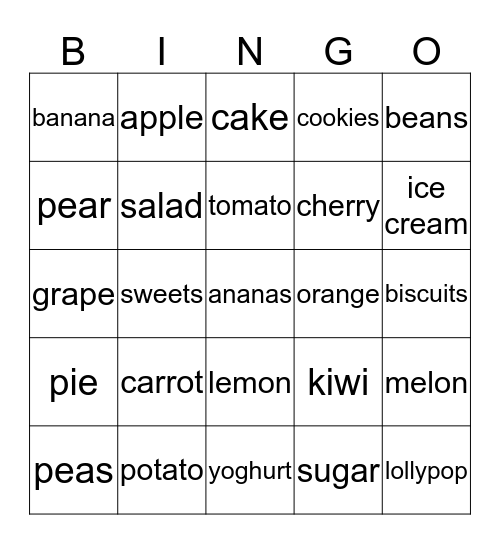 Bingo Fruit and  Vegetables and Deserts Bingo Card