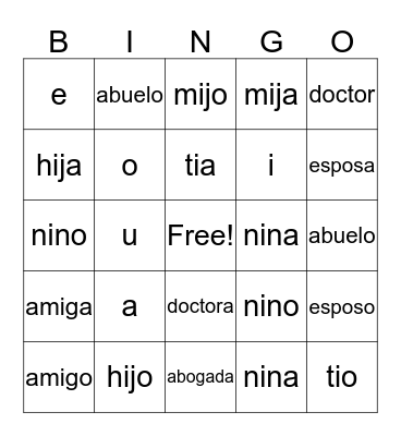 Spanish Bingo Card