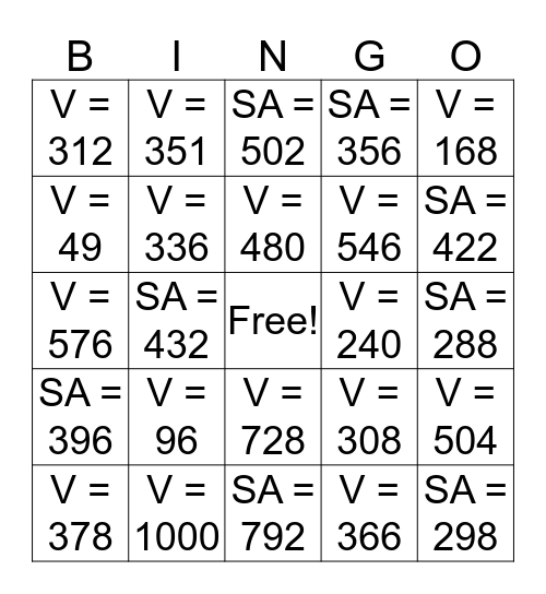 Volume & Surface Area Bingo Card