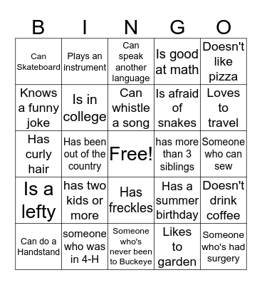 Meet Friends Bingo Card