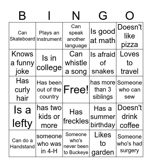Meet Friends Bingo Card