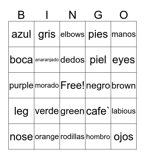 Spanish - colors and body parts Bingo Card