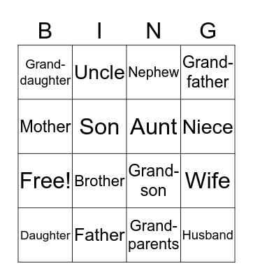 Family Members Bingo Card