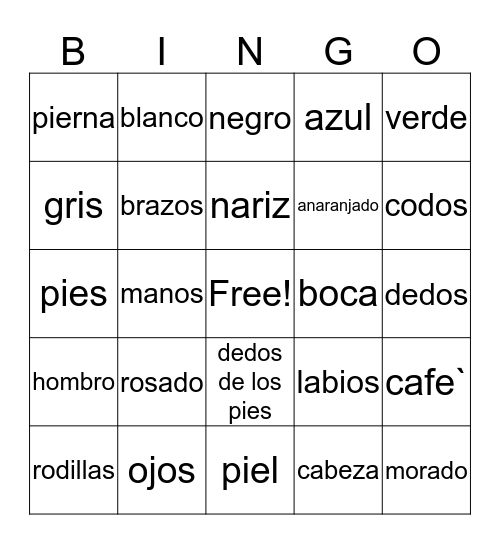 Spanish - colors and body parts Bingo Card
