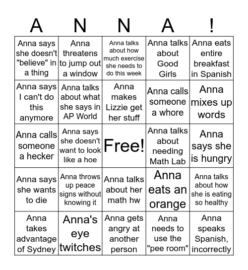 Anna "Peace Sign" Warmka Bingo Card