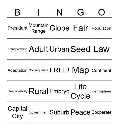 Social Studies & Science BINGO Card
