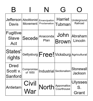 Civil War Bingo Card