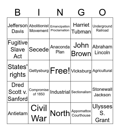 Civil War Bingo Card