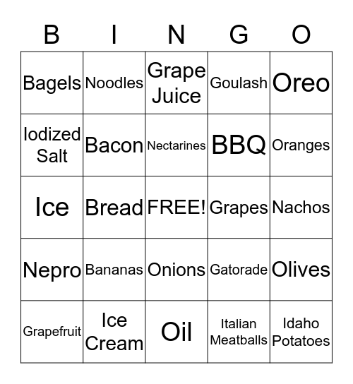 Dietary Bingo Card