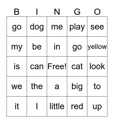 Sight Word Bingo Card