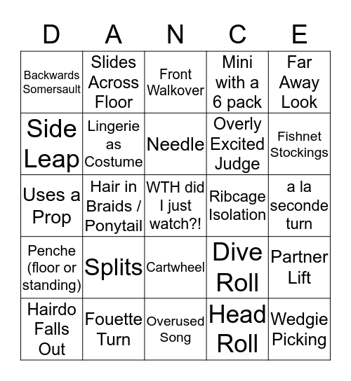 Dance Competition Bingo Card