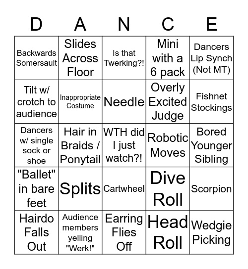 Dance Competition Bingo Card