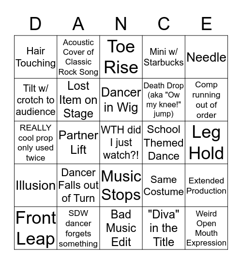 Dance Competition Bingo Card