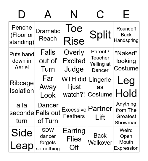 Dance Competition Bingo Card