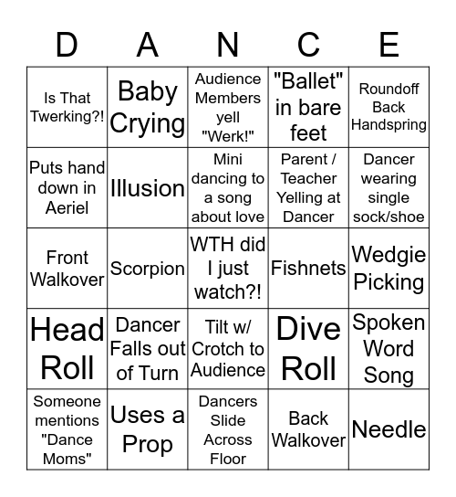 Dance Competition Bingo Card