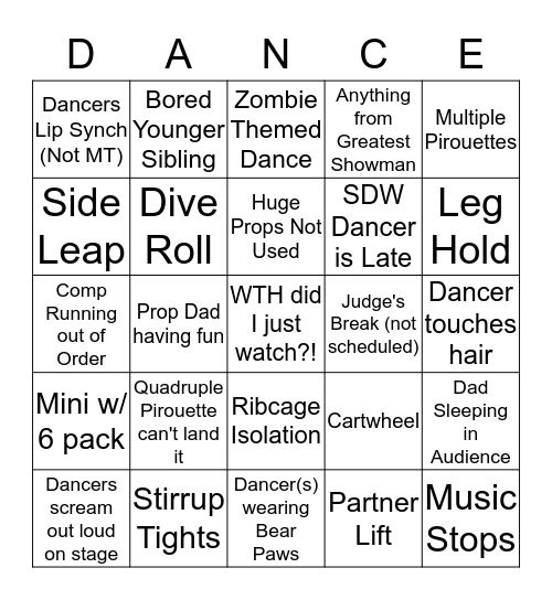 Dance Competition Bingo Card