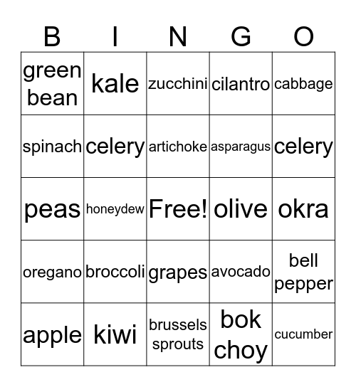 Foods that are GREEN Bingo Card