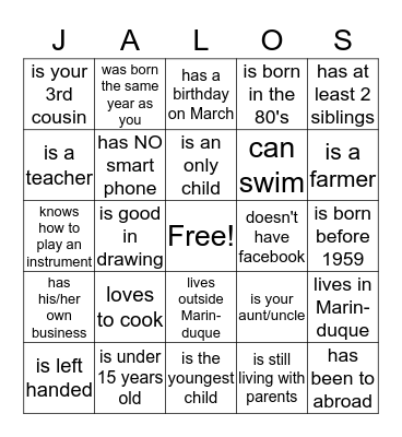 Jalos Family Reunion 2019 Bingo Card