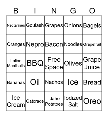 Dietary Bingo Card