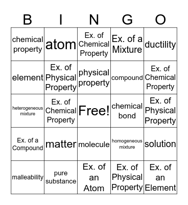 Describing Matter Bingo Card