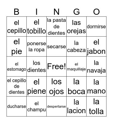 spanish Bingo Card