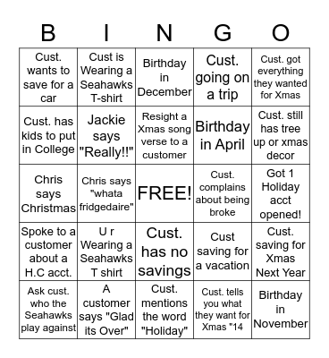 Holiday Club Bingo Card