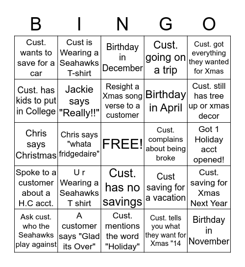Holiday Club Bingo Card