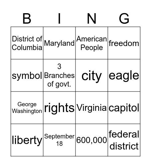 Washington D.C. Bingo Card