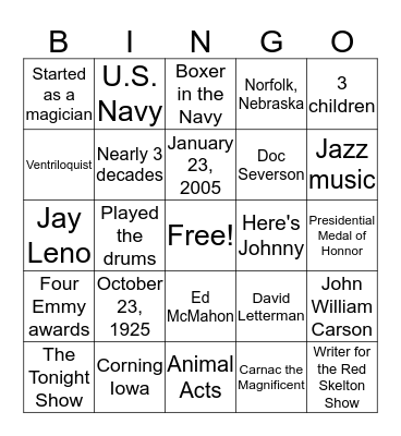 Johnny Carson Bingo Card