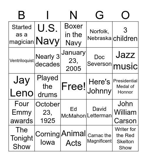 Johnny Carson Bingo Card