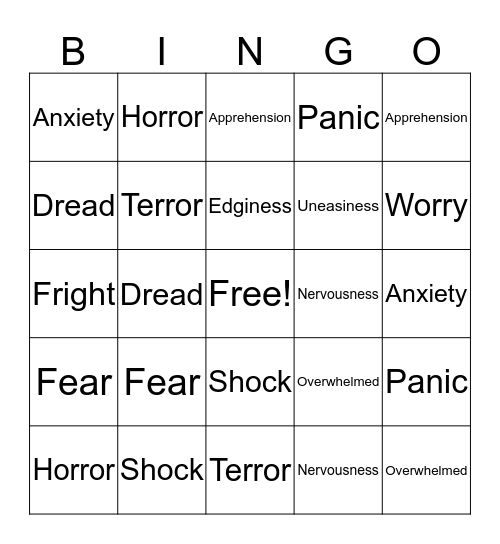 Fear Word Bingo Card