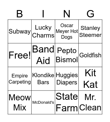 Commercial Jingles Bingo Card