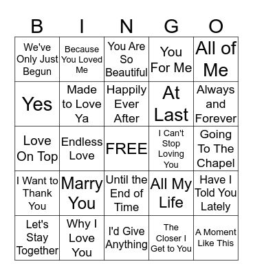 Wedding Song Bingo Card
