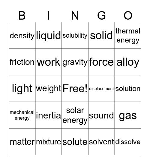 Physical Science Bingo Card