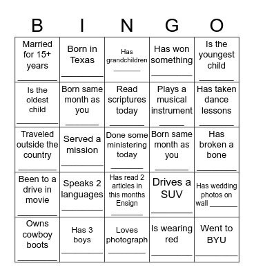 Relief Society Friends Bingo Card