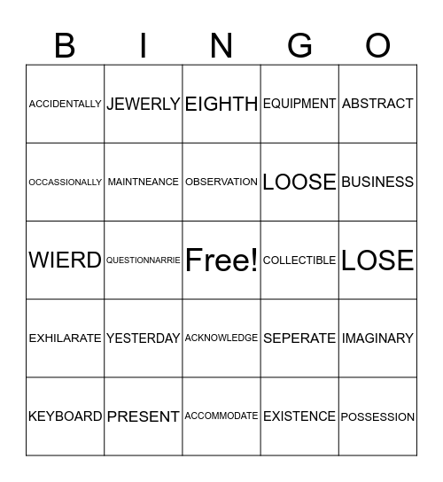 SIGHT WORDS Bingo Card