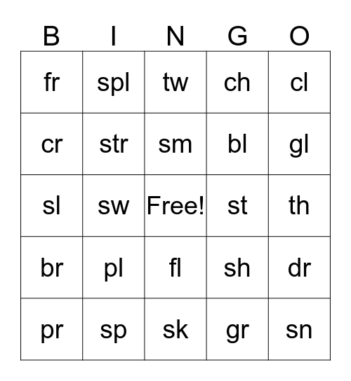 Letter Blends Bingo Card
